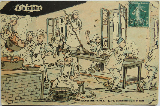 Vintage Postcard of A la Cuisine, Scenes Militaires - E.R. Paris image 1
