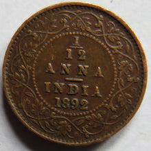 Load image into Gallery viewer, 1892 Queen Victoria India 1/12th Anna Coin
