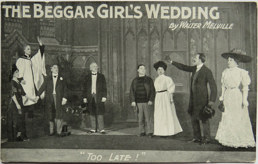 Vintage Postcard of The Beggar Girl's Wedding by Walter Melville, "Too Late!" image 1