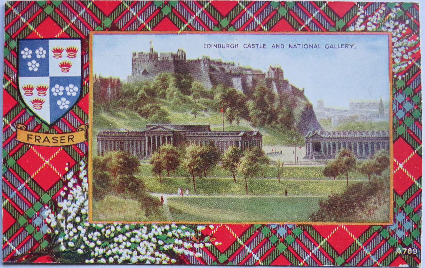 Vintage Postcard of Edinburgh Castle and National Gallery Fraser Tartan