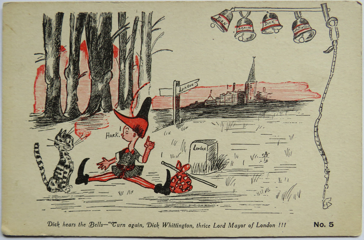 Vintage Postcard of Dick hears the Bells - "Turn again, Dick Whittington, thrice Lord Mayor of London!!! No. 5 - Drury Lane Post Card