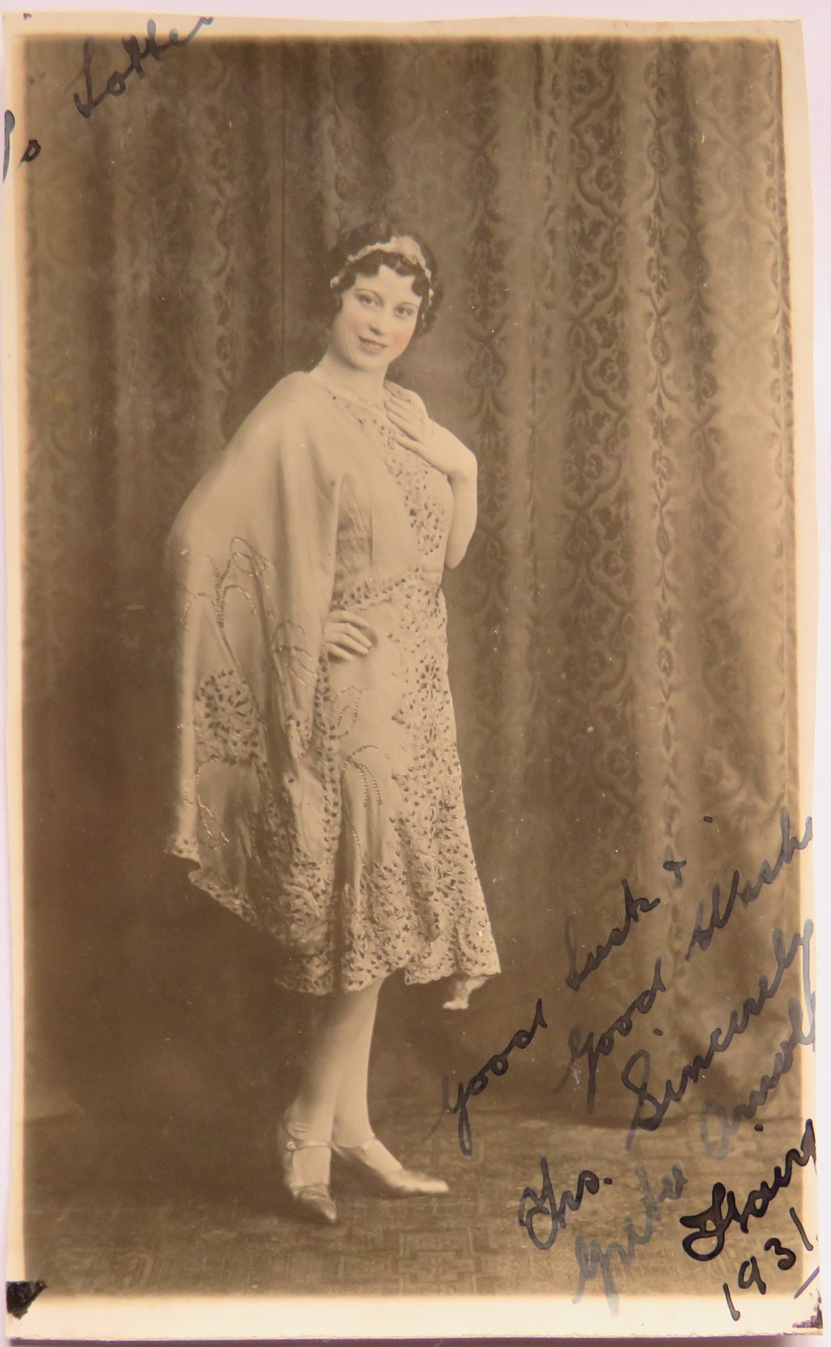 Vintage Postcard of Woman in 1920's style dress and headband, signed 1931