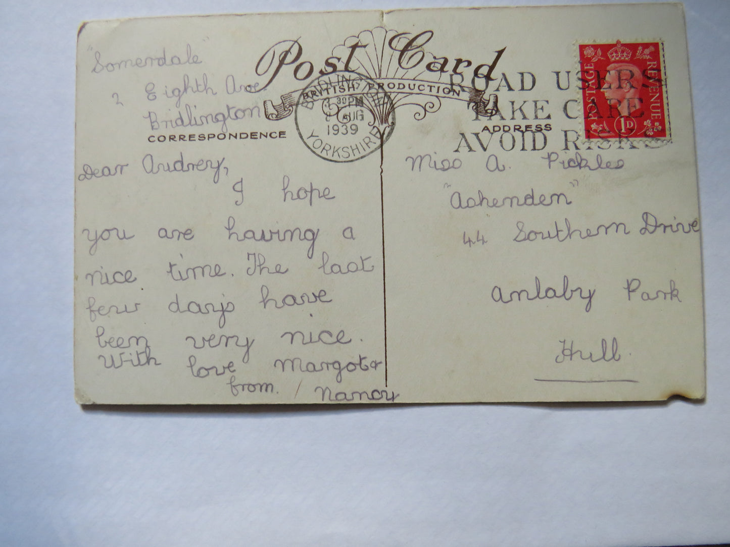 Vintage Postcard of Greetings From Bridlington 1939