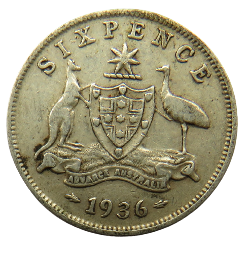 1936 King George V Australia Silver Sixpence Coin