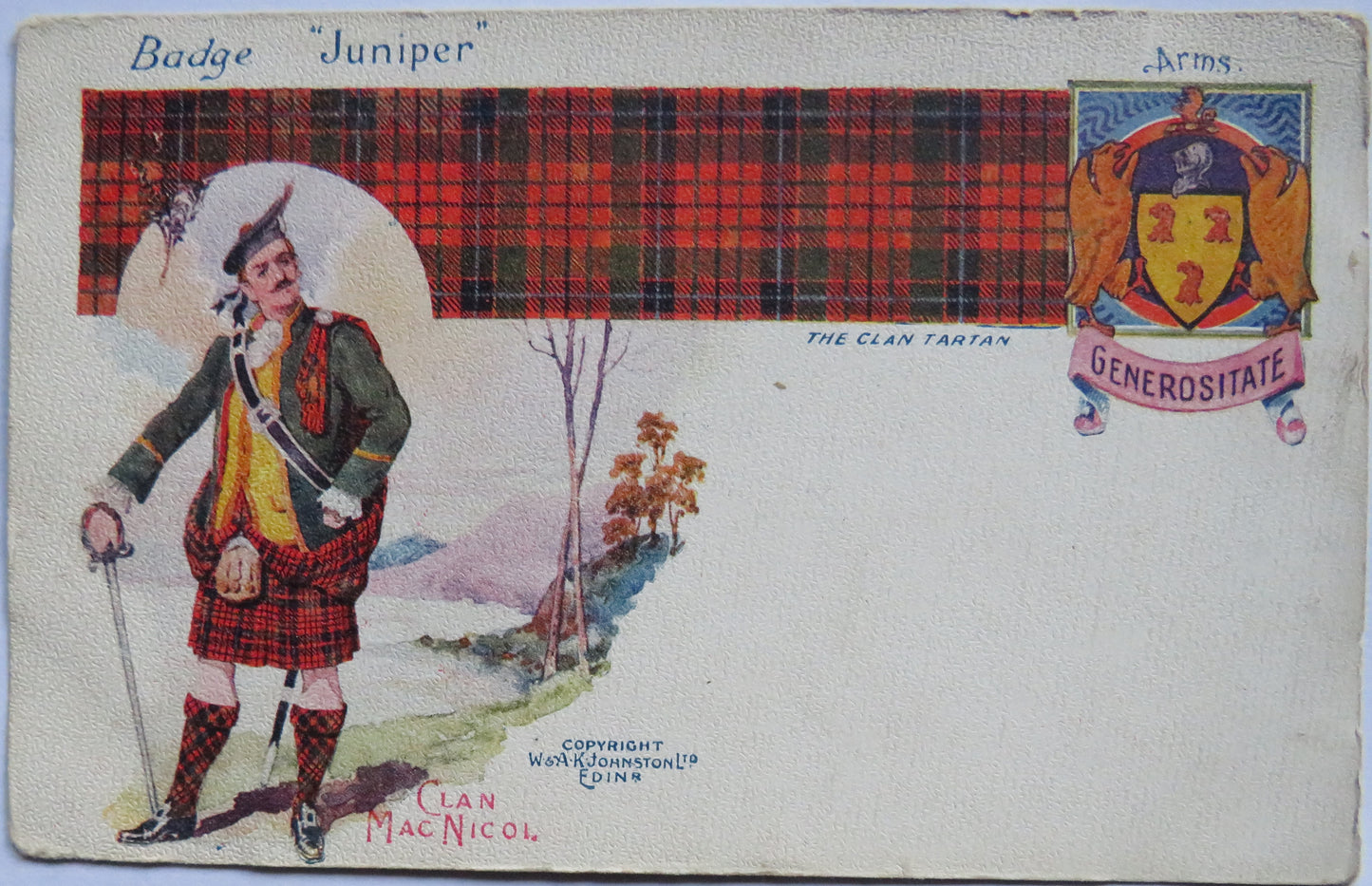 Vintage Postcard "Clan MacNicol" The Clan Tartan & Coat of Arms