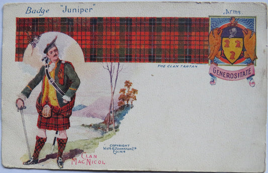 Vintage Postcard "Clan MacNicol" The Clan Tartan & Coat of Arms