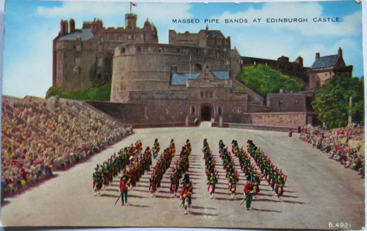 Vintage Postcard of Massed Pipe Bands At Edinburgh Castle