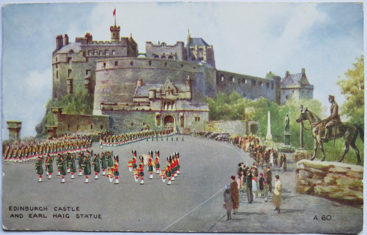 Vintage Postcard of Edinburgh Castle and Earl Haig Statue