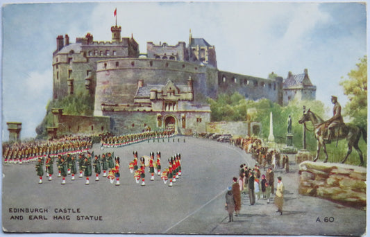 Vintage Postcard of Edinburgh Castle and Earl Haig Statue