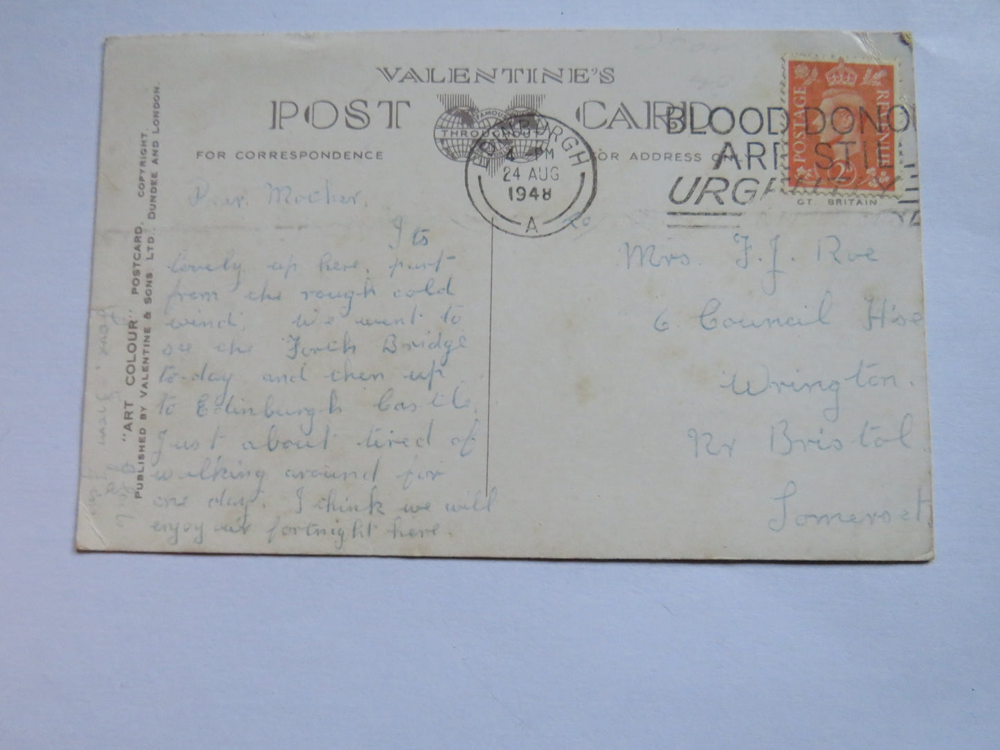 Vintage Postcard of The Palace of Holyroodhouse, Edinburgh 1948 Royal Stewart Tartan