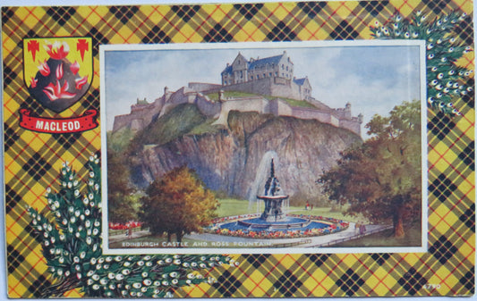 Vintage Postcard of Edinburgh Castle & Ross Fountain Macleod Tartan