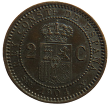 Load image into Gallery viewer, 1904 Spain 2 Centimos Coin
