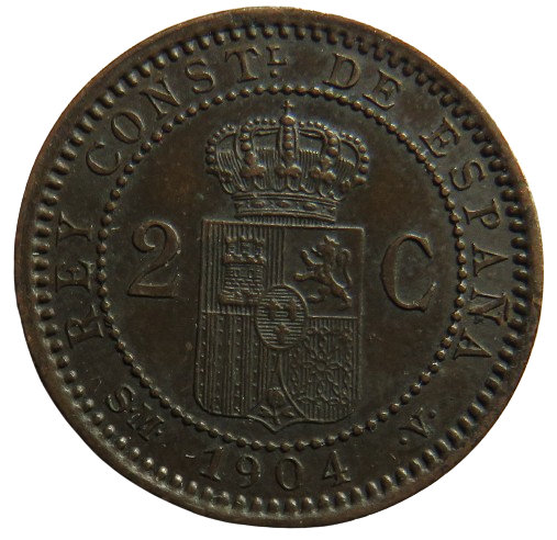 1904 Spain 2 Centimos Coin