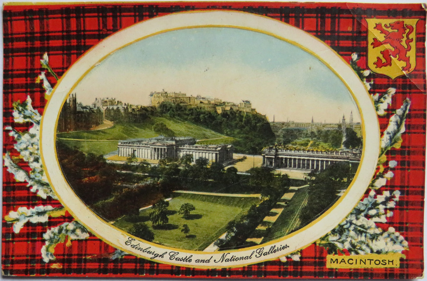 Vintage Postcard of Edinburgh Castle and National Galleries Macintosh Tartan