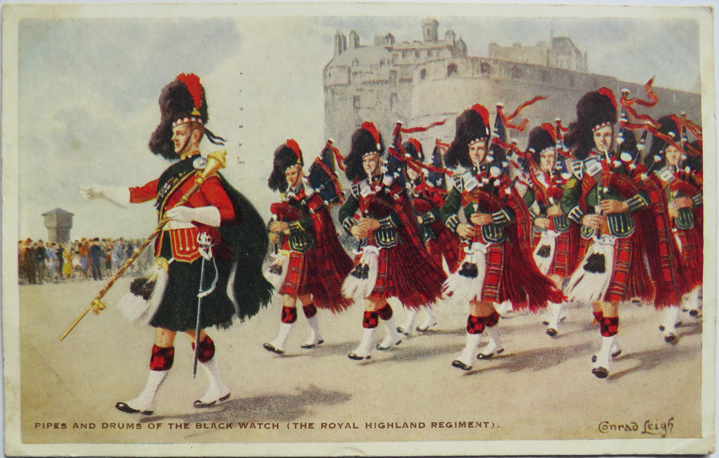 Vintage Postcard of Pipes and Drums of the Black Watch 1955