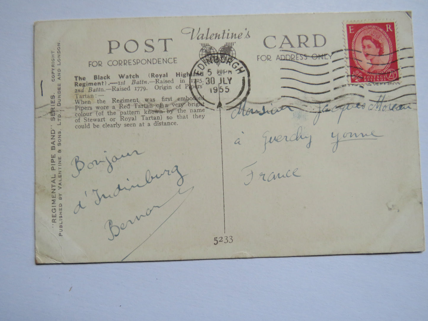 Vintage Postcard of Pipes and Drums of the Black Watch 1955