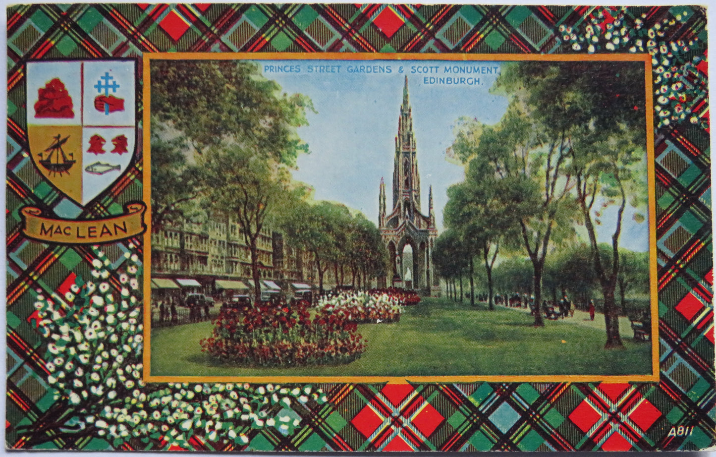 Vintage Postcard of Princess Street and Scott Monument Edinburgh MacLean Tartan