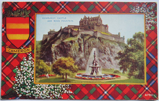 Vintage Postcard of Edinburgh Castle and Ross Fountain Cameron Tartan