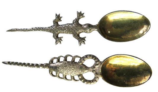 Vintage Pair of White Metal Spoons In Style of Lizard & Scorpion