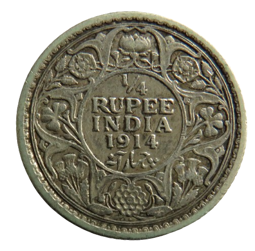 1914 King George V India Silver 1/4 Rupee Coin