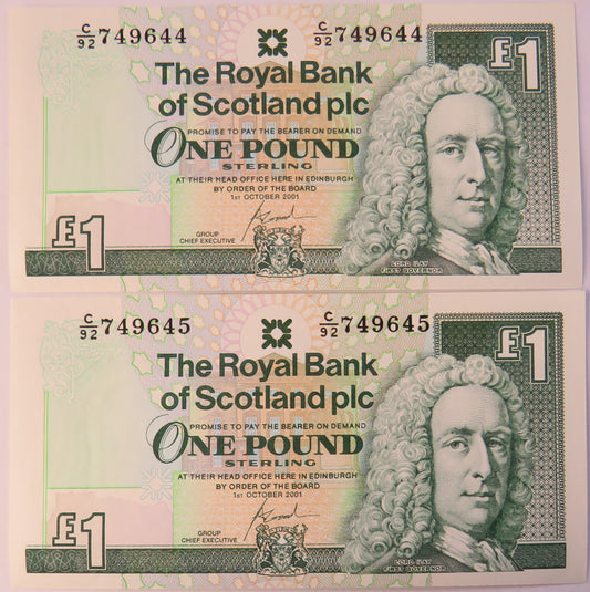 2001 The Royal Bank of Scotland £1 Consecutive Banknotes