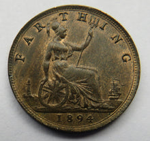 Load image into Gallery viewer, 1894 Queen Victoria Bun Head Farthing Coin High Grade - Great Britain
