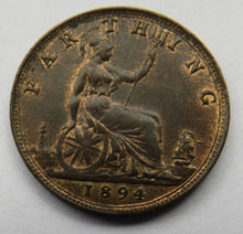 Load image into Gallery viewer, 1894 Queen Victoria Bun Head Farthing Coin Higher Grade - Great Britain
