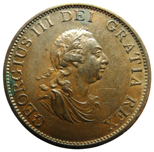 Bronze coin with profile of a monarch and engraved text on a white background