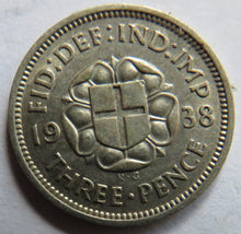 Load image into Gallery viewer, 1938 King George VI Silver Threepence Coin
