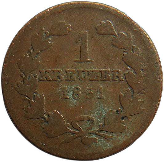 1851 German States Baden One Kreuzer Coin