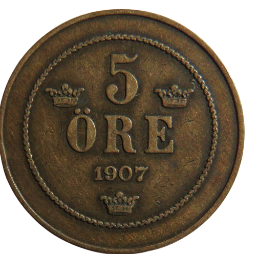 1907 Sweden 5 Ore Coin