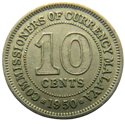 1950 King George VI Commissioners of Currency Malaya 10 Cents Coin