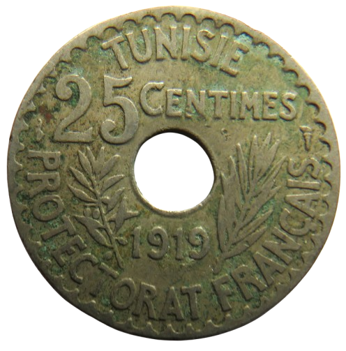 1919 Tunisia 25 Centimes Coin