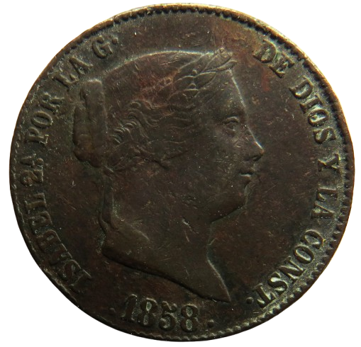 1858 Spain 25 Centimos Coin