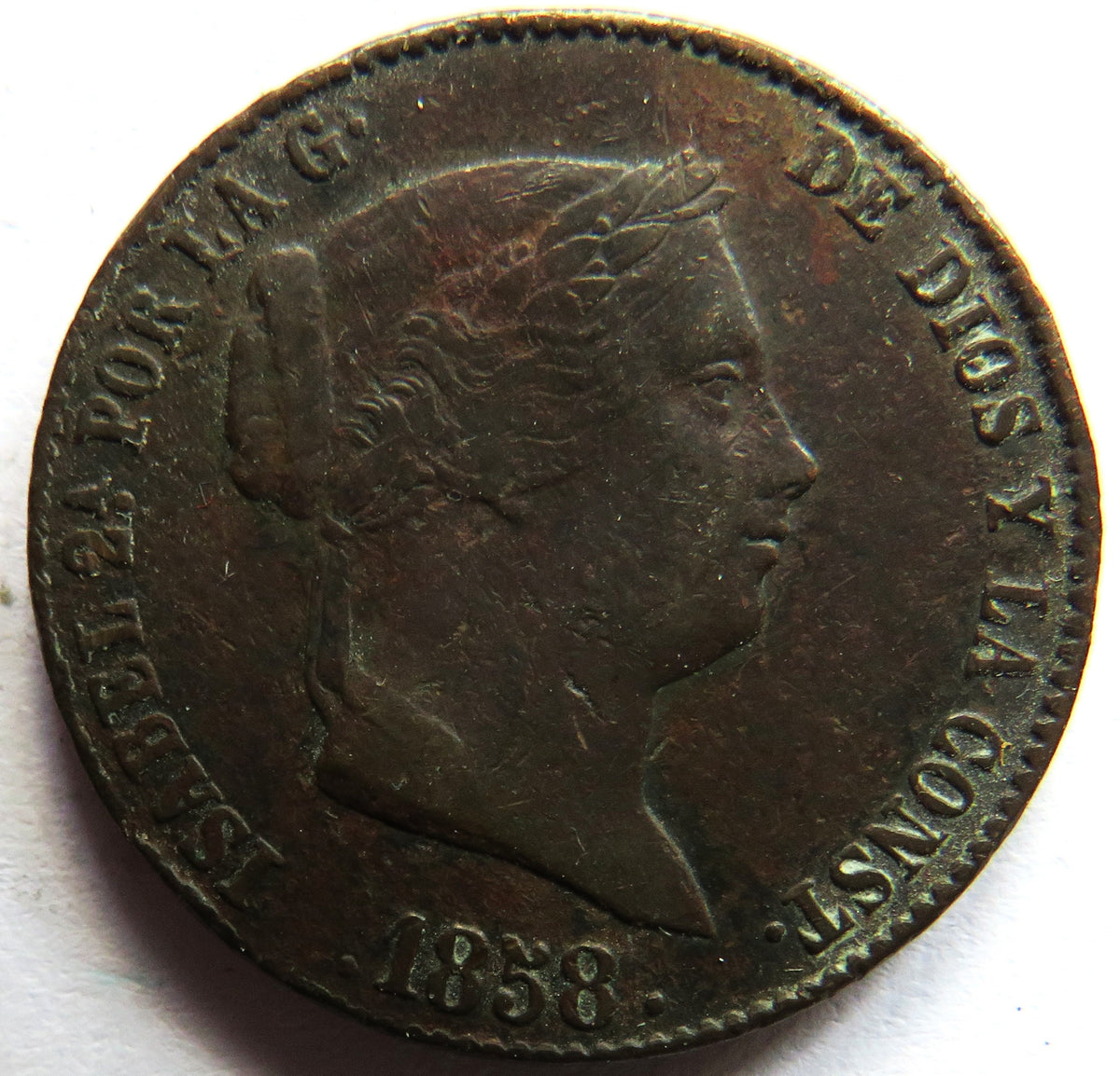 1858 Spain 25 Centimos Coin
