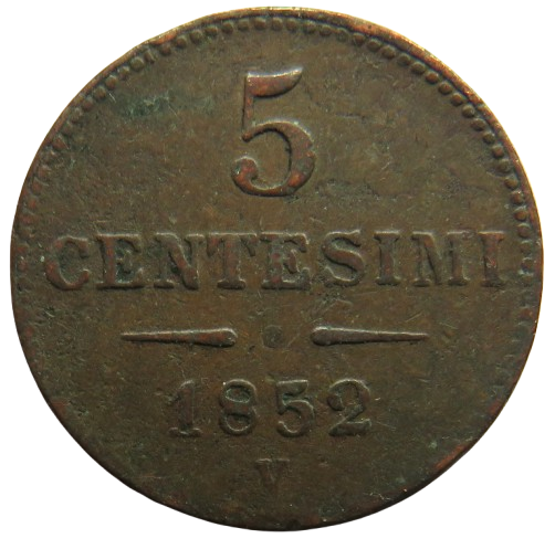 1852-V Italian States Lombardy-Venetia 5 Centesimi Coin