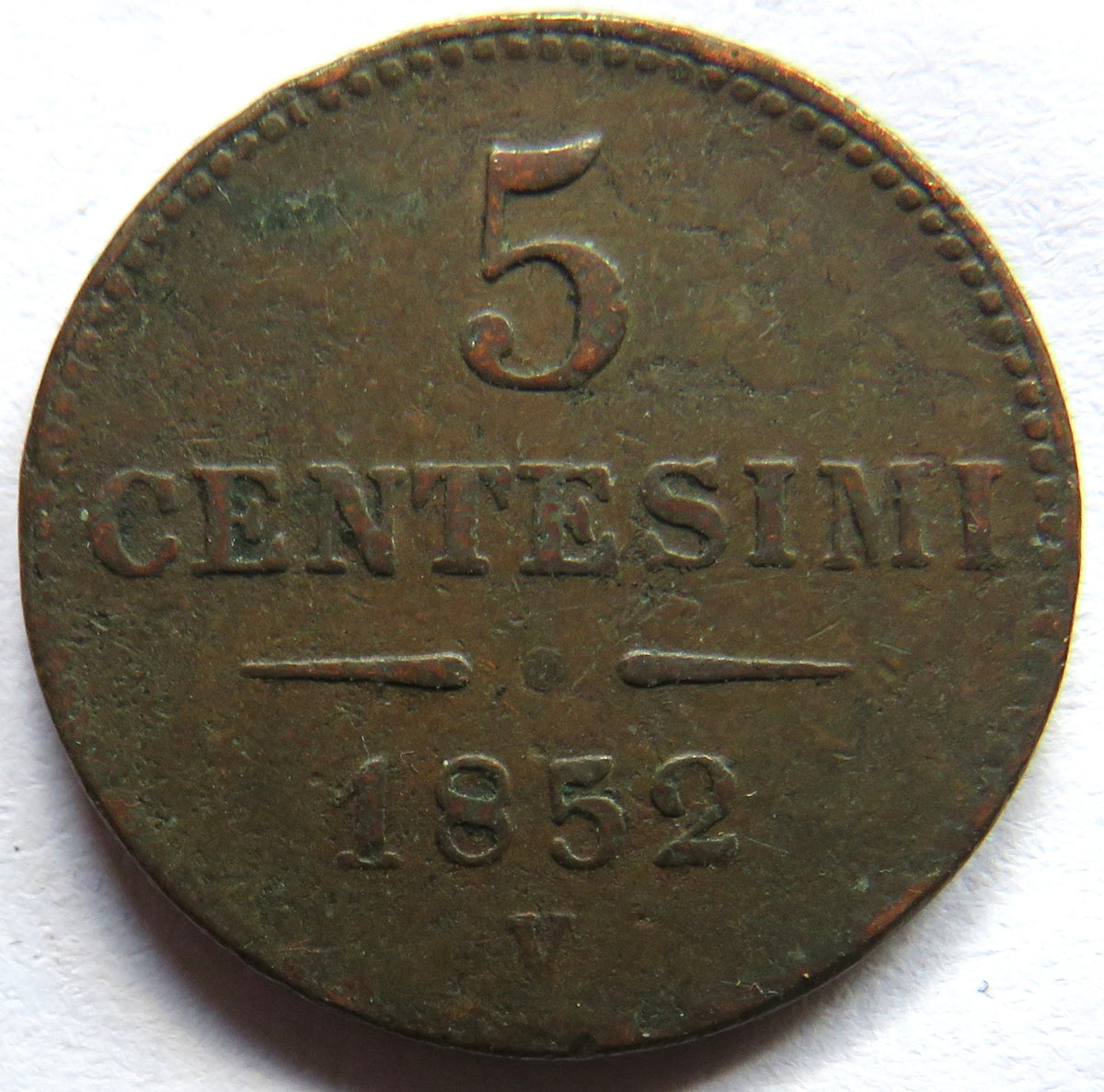 1852-V Italian States Lombardy-Venetia 5 Centesimi Coin
