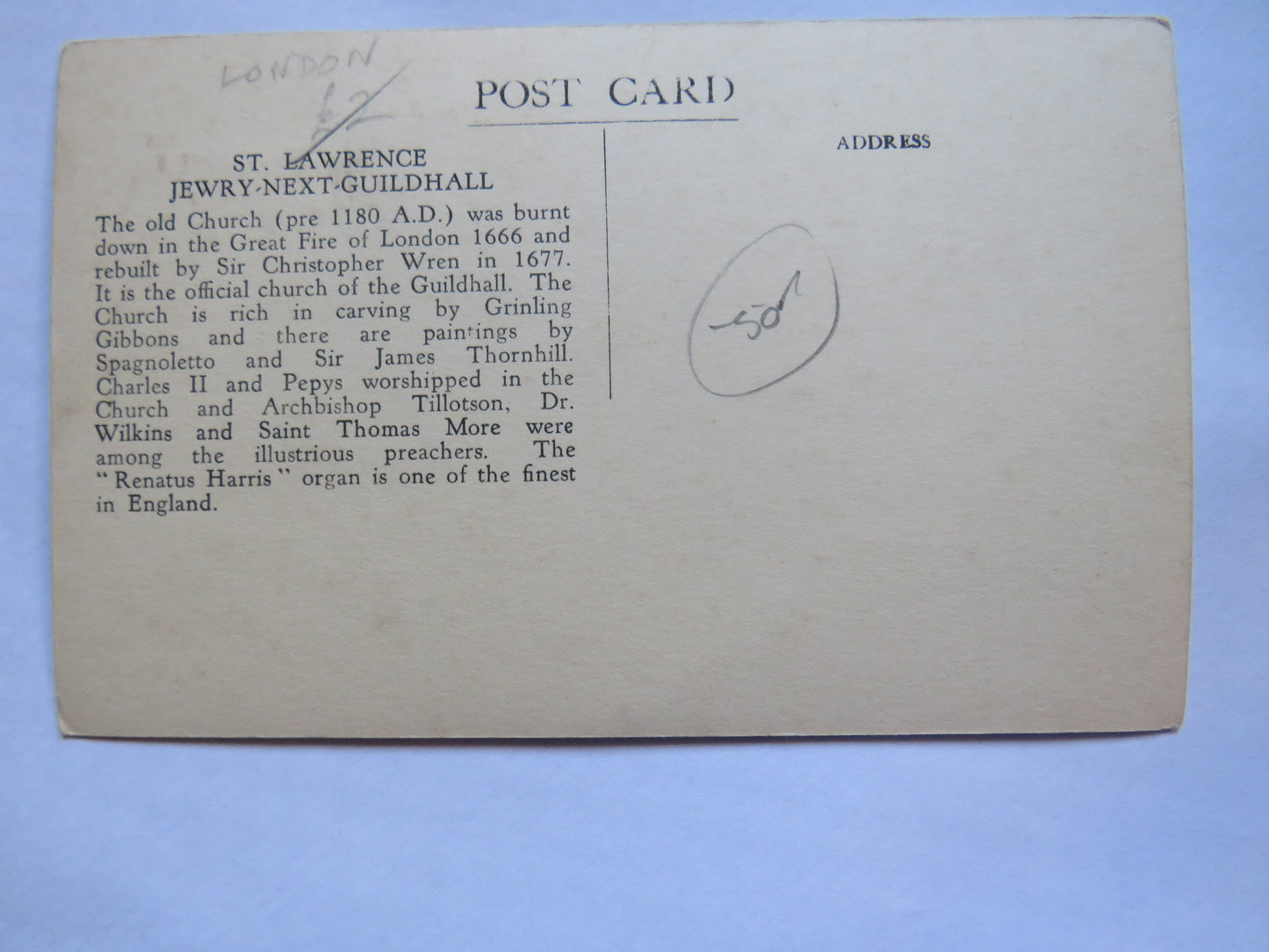 Vintage Postcard of The Church of St. Lawrence, Jewry-next-Guildhall E.C
