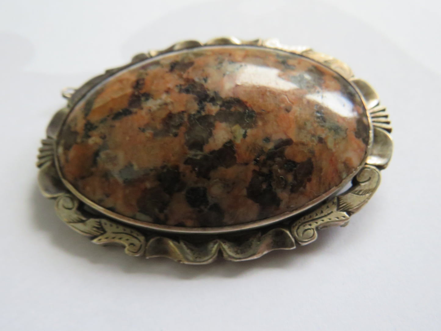 Antique Victorian White Metal & Granite Scottish Large Brooch