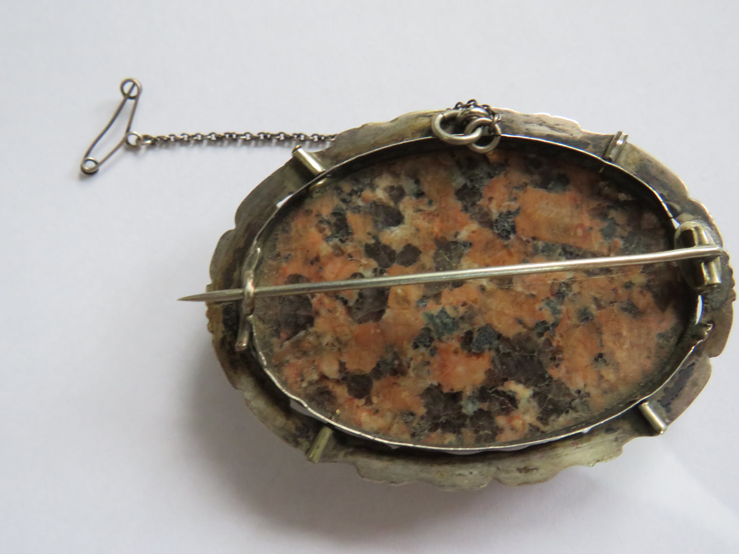 Antique Victorian White Metal & Granite Scottish Large Brooch