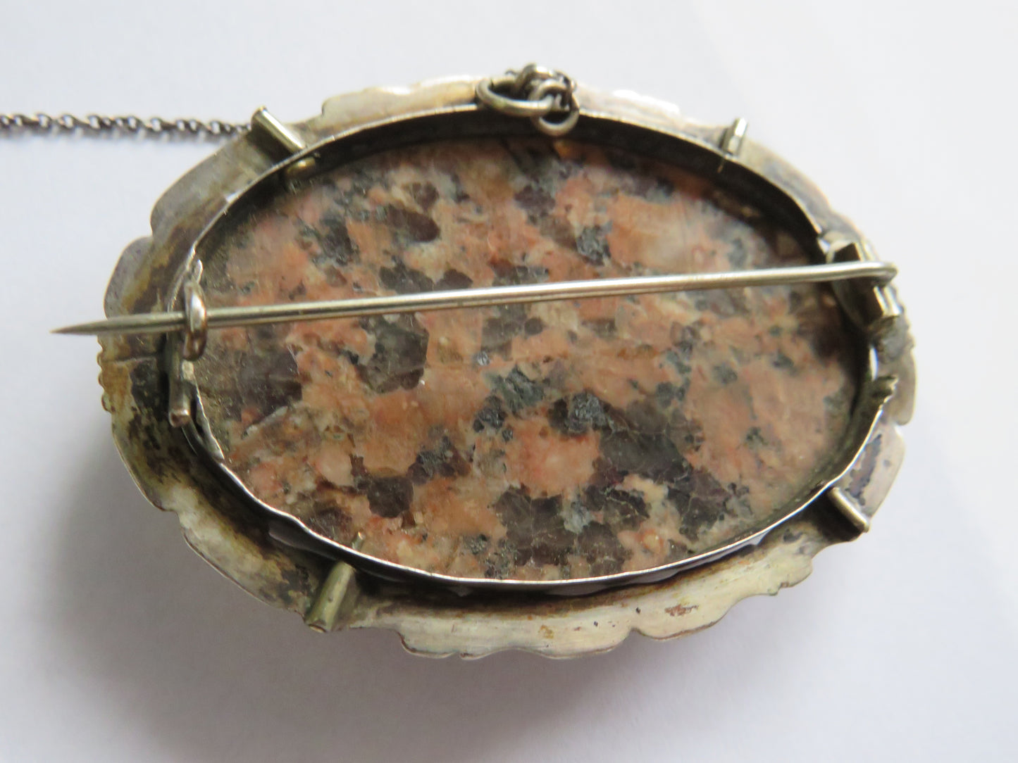 Antique Victorian White Metal & Granite Scottish Large Brooch