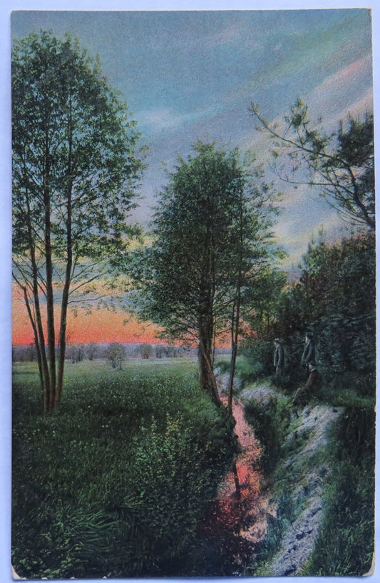 Vintage Postcard of Beautiful Countryside Scene with Stream and Setting Sun