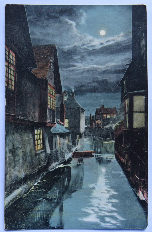 Vintage Postcard of Attractive Canal Scene Under Moonlight, Valentine's Series