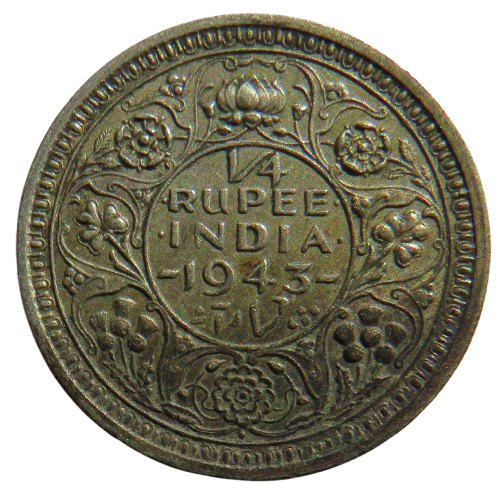 1943 King George VI India Silver 1/4 Rupee Coin