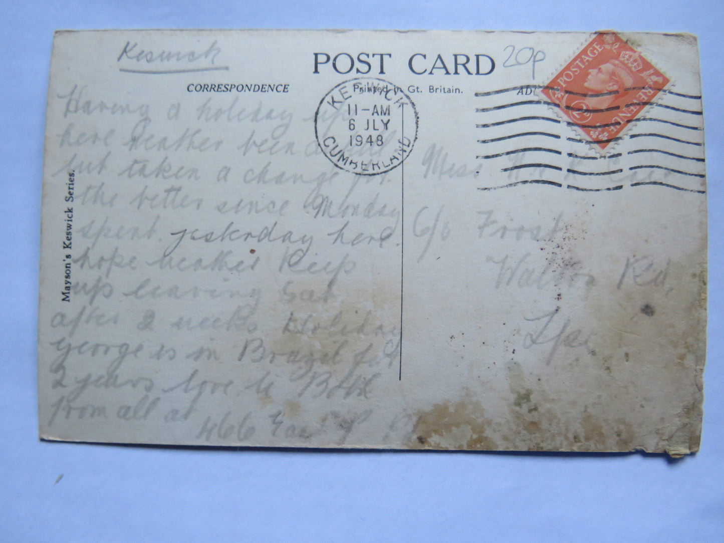 Vintage Postcard of Bassenthwaite 1948
