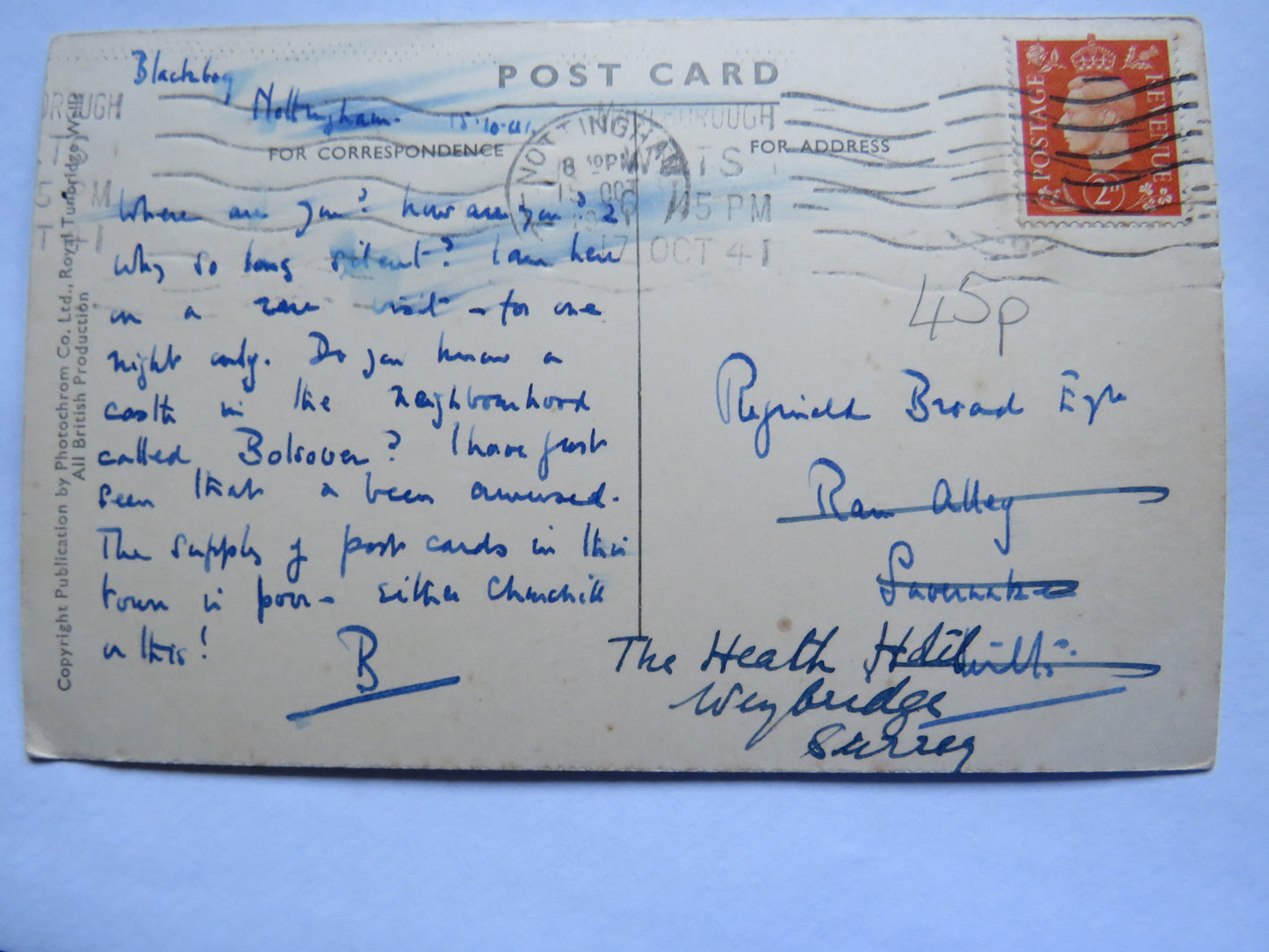 Vintage Postcard of Nottingham, Lovers Walk, 1941