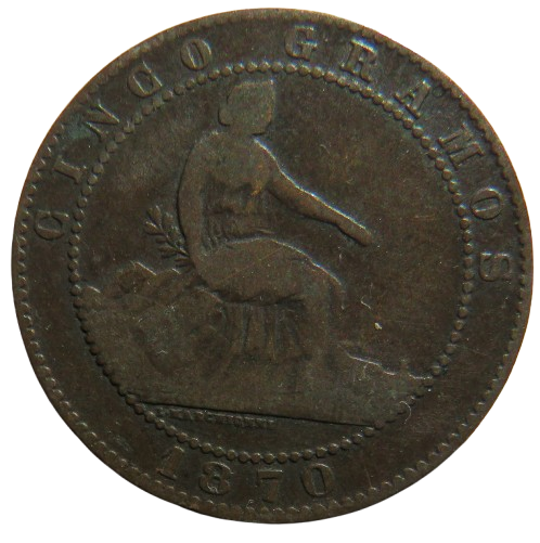 1870 Spain 5 Centimos Coin