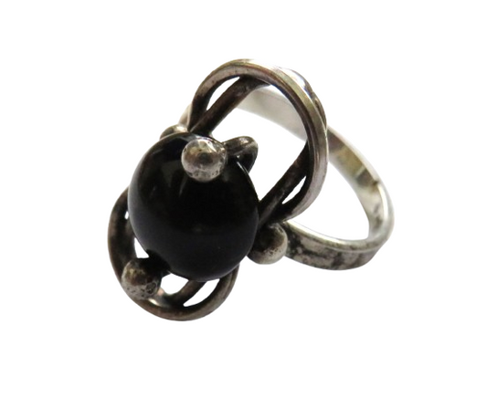 Stylish Ladies .900 Silver & Black Stone Ring UK Size - M