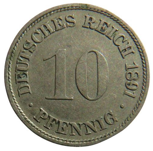 1891-D Germany 10 Pfennig Coin