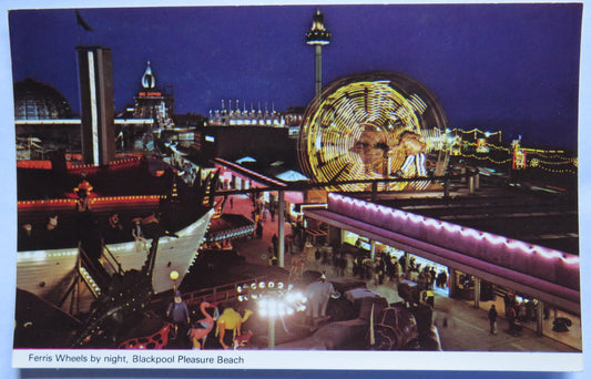 Vintage Postcard of Ferris Wheels by night, Blackpool Pleasure Beach